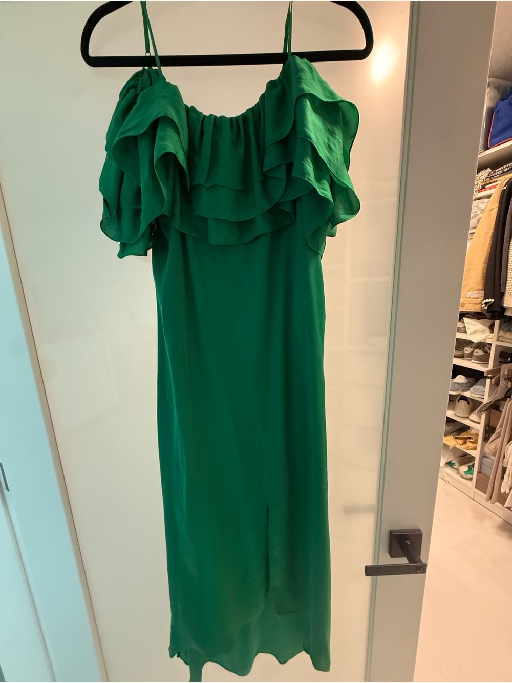 Maje Emerald Green Ruffle Off-Shoulder Midi Dress